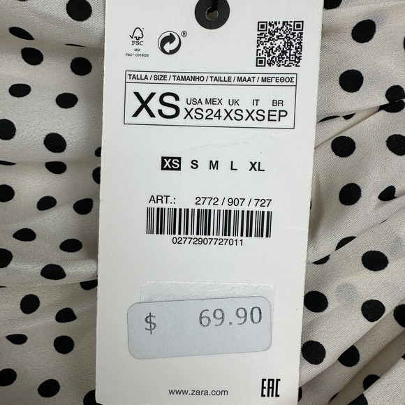 Zara Skirt Womens XS White Polka Dot Ruffle Ruched Mini Satin Lined Party NWT - Picture 2 of 10